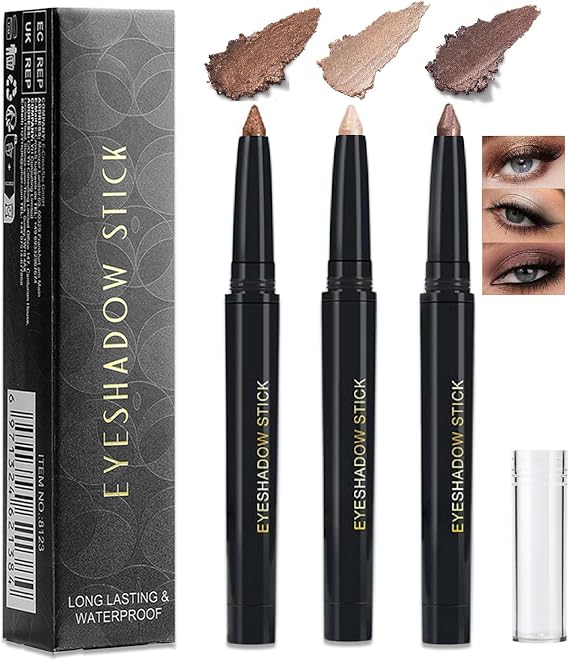 3 Pack Brown Eyeshadow Stick Set – Creamy, Waterproof & Smudge-Proof Eye Crayon with Shimmer – Twist-Up Eyeliner Pencil for Mature Eyes, Long-Wear & Smooth Application
