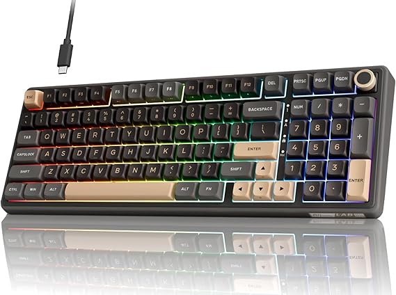 RK ROYAL KLUDGE R98 Pro Wired Mechanical Keyboard, RGB PC Gaming Keyboard with Number Pad and Volume Knob, Gasket Mount, MDA Profile PBT Keycaps, for Win/Mac, Hot Swappable Tactile Beige Switch