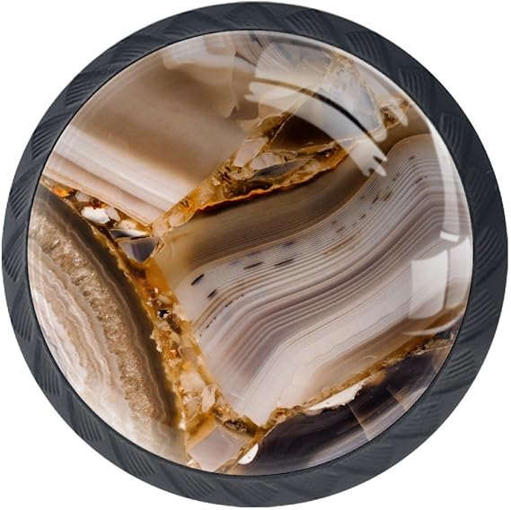 4 Pack Cabinet Knobs Black Kitchen Cabinet Knobs with Brown Agate Marble, Round Dresser Drawer Knobs Drawer Pulls Closet Door Knobs 35mm