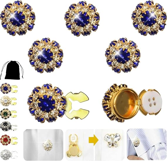 5PCS Rhinestone Button Covers Snap On,Crystal Button Covers for Women,Detachable Shirt Button Clips Buttons Jewelry,Crystal Fancy Buttons for Clothing,DIY Accessories for Dress Suit Tux Shirt (Blue)