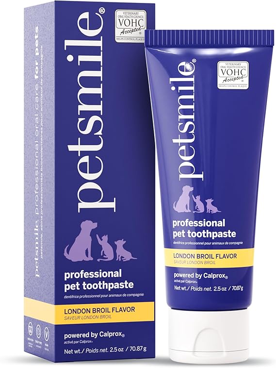 Petsmile VOHC Accepted Pet Toothpaste, London Broil 2.5 Oz, Cats + Dogs | VOHC Accepted, Calprox Powered, Fights Plaque + Tartar, No-Brush Required, Human-Grade, 4-Month Supply, Clinically Proven