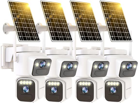 Luovisee Dual Lens Outdoor Cameras for Home Security Cameras 4 Pack 2.4G and 5G WiFi Solar Powered Camera with AI Motion Siren SD/Free Cloud Storage No Monthly Fee