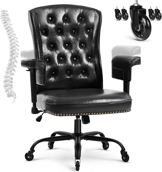 Ergonomic Executive Office Chair with Wheels and Arms, Tufted Back & Nailhead Trim, Home Office Desk Chairs for Home & Office, Faux Leather Swivel Work Chair, Black