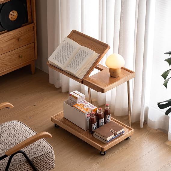 YESWOOD Adjustable C-Shaped Couch Table with Lockable Wheels Rolling Small Space Side Table, Solid Wood End Table for Sofa, Bed & Living Room(Natural,16.41" D x 24.4" W x 24.52" H)