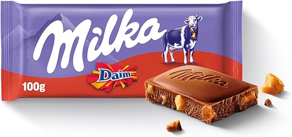Milka Daim Chocolate Bar, Creamy Milk Chocolate with Crunchy Caramel, 100 g