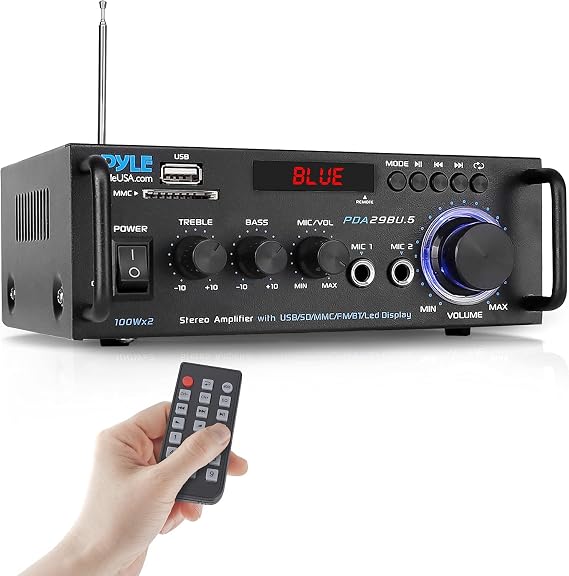 Pyle Bluetooth Stereo Audio Amplifier hifi, Power 200W Dual Channel Sound Amp, Receiver System, w/USB, SD, FM, RCA, Mic IN, LCD Display and Remote Control, Speaker Amplifier- For Home Theater Studio