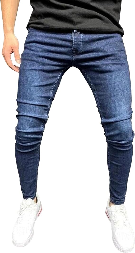 Mens Slim Fit Skinny Denim Pants Stretchy Mid Rise Solid Color Men Jeans Stretch Ripped Tapered Leg Jean