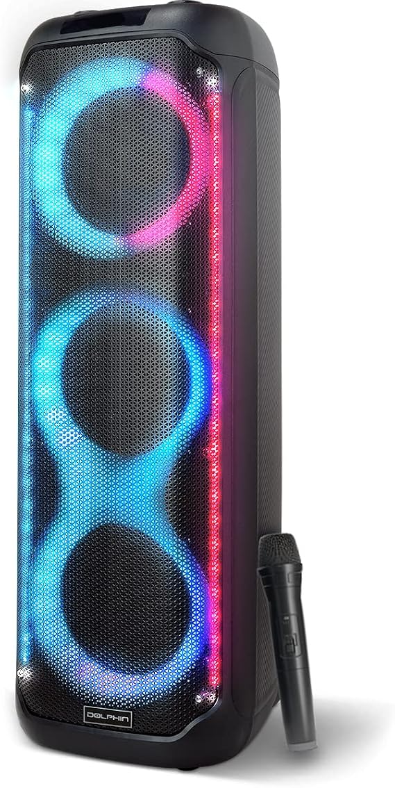 Dolphin Large Bluetooth Party Speaker, Triple 8" Woofers | 120W Output, LED Ring & Rim Lights, USB, TF, FM & AUX Inputs, Mic & Guitar Inputs, Rechargeable Battery, Wheels