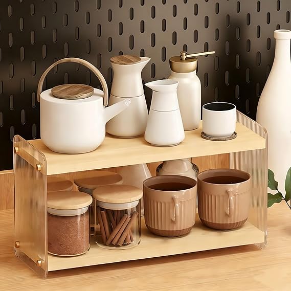 Matcha & Coffee Station Organizer 2-Tier Acrylic Wood Shelf — All-in-One Countertop Storage Rack for Mugs, Coffee Beans, Syrup, Condiments, Ideal for Kitchen, Home & Office