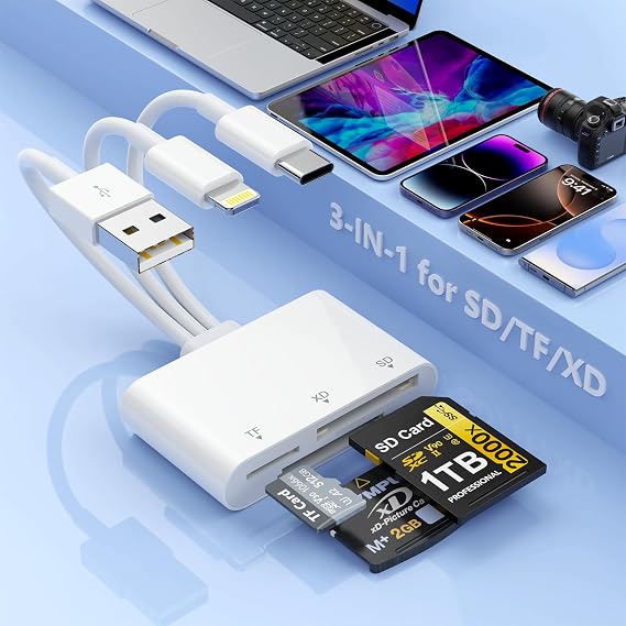 Multi 3-in-3 SD/TF/XD Card Reader for iPhone,Lightning + USB C + USB A Connector Memory Card Reader, Multiple Micro SD Card Reader for iPhone 15 14 13/iPad Pro/Samsung/Android/Mac/PC,Plug & Play