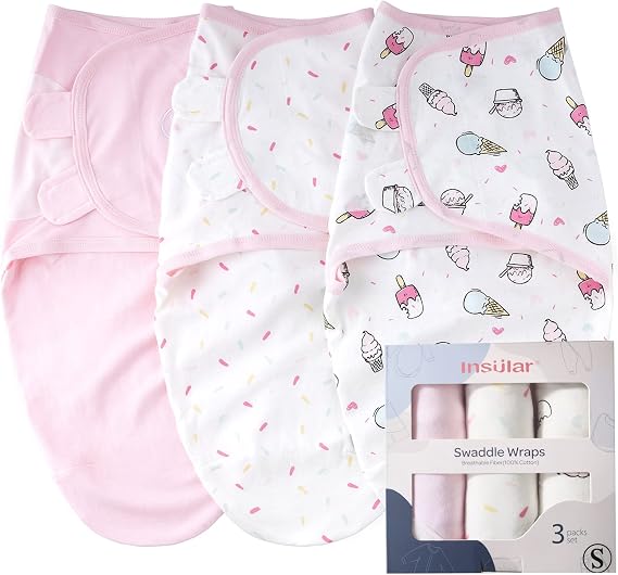 insular Baby Swaddle Wrap, Swaddle Blanket for Newborn and Infant, Adjustable Swaddling Set for Boy and Girl, Soft Cotton Baby Sleep Sack 3 Pack, Ice Cream, Small(0-3 Month)