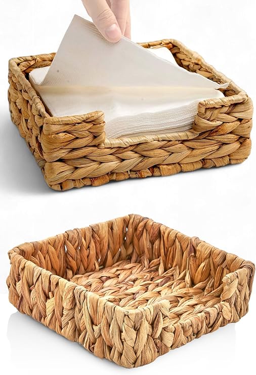 Deconox Handmade Knitted Natural Water Hyacinth Wire Mesh Napkin Holder (19 * 19*7cm) - Dining Table Top Paper Napkin Holder Natural Recycled.