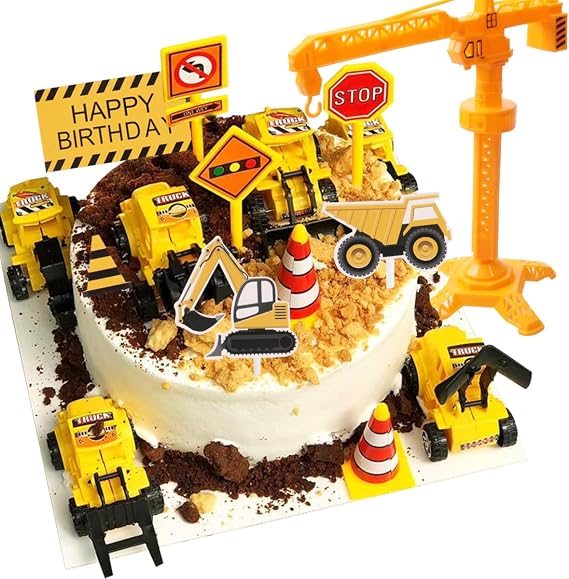 Construction Cake Topper, 18 PCS Construction Cake Decorations Set Excavator Tower Crane Cupcake Topper Traffic and Road Sign Decor Happy Birthday Party Supplies