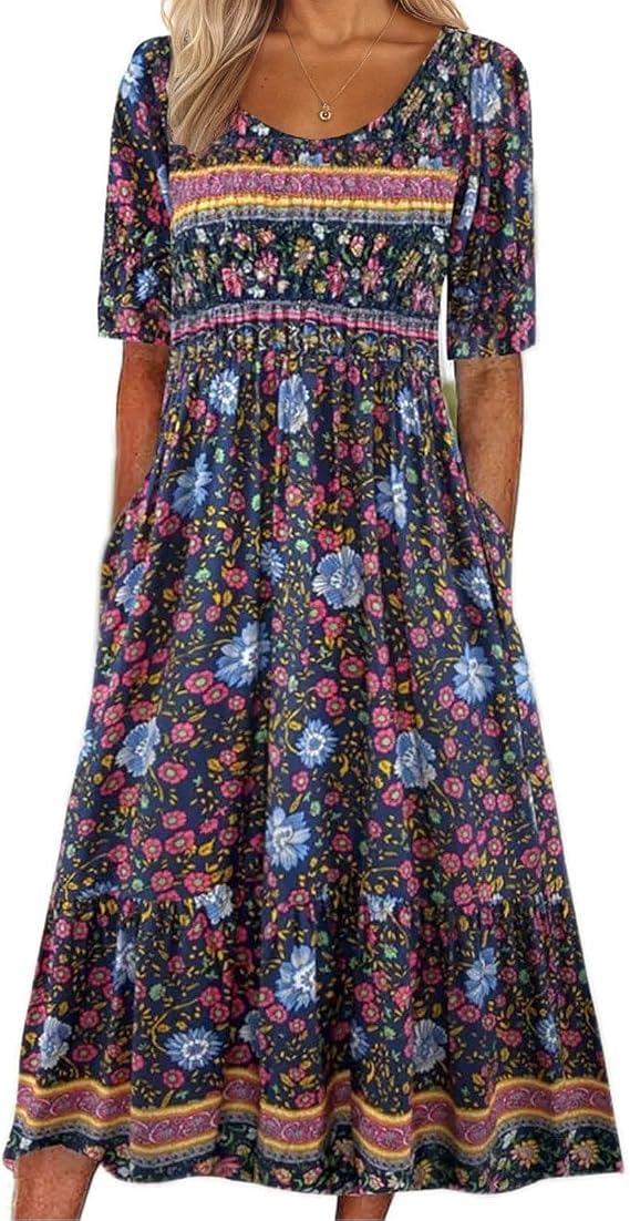 Women's Boho Floral Maxi Dress Casual Boho 2026 Summer Short Sleeve Beach Dresses with Pockets