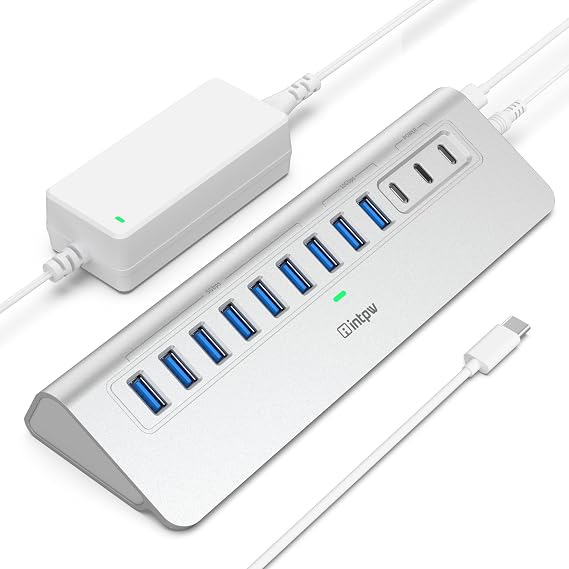 Powered USB Hub, intpw 12 Port USB C Hub with 10Gbps USB C 3.2+2 USB A 3.2, 7 USB 3.0, 2 PD 45W Charging Port, 65W Power Adapter + 3.3FT Cable,