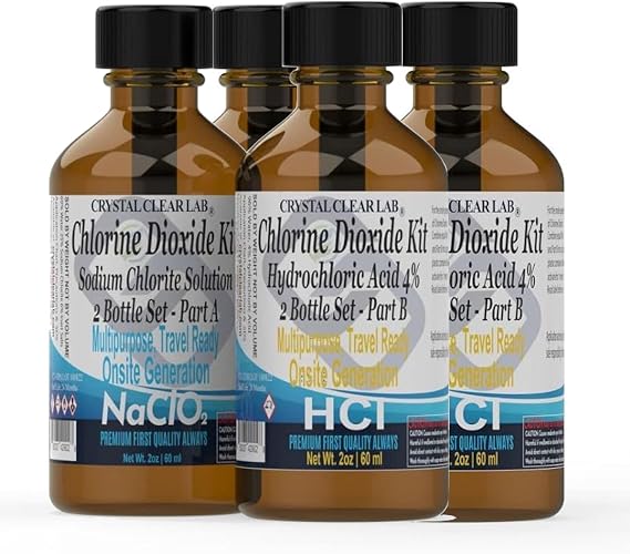 Crystal Clear Lab Chlorine Dioxide 2oz Pure Solution 4 Glass Bottle Kit