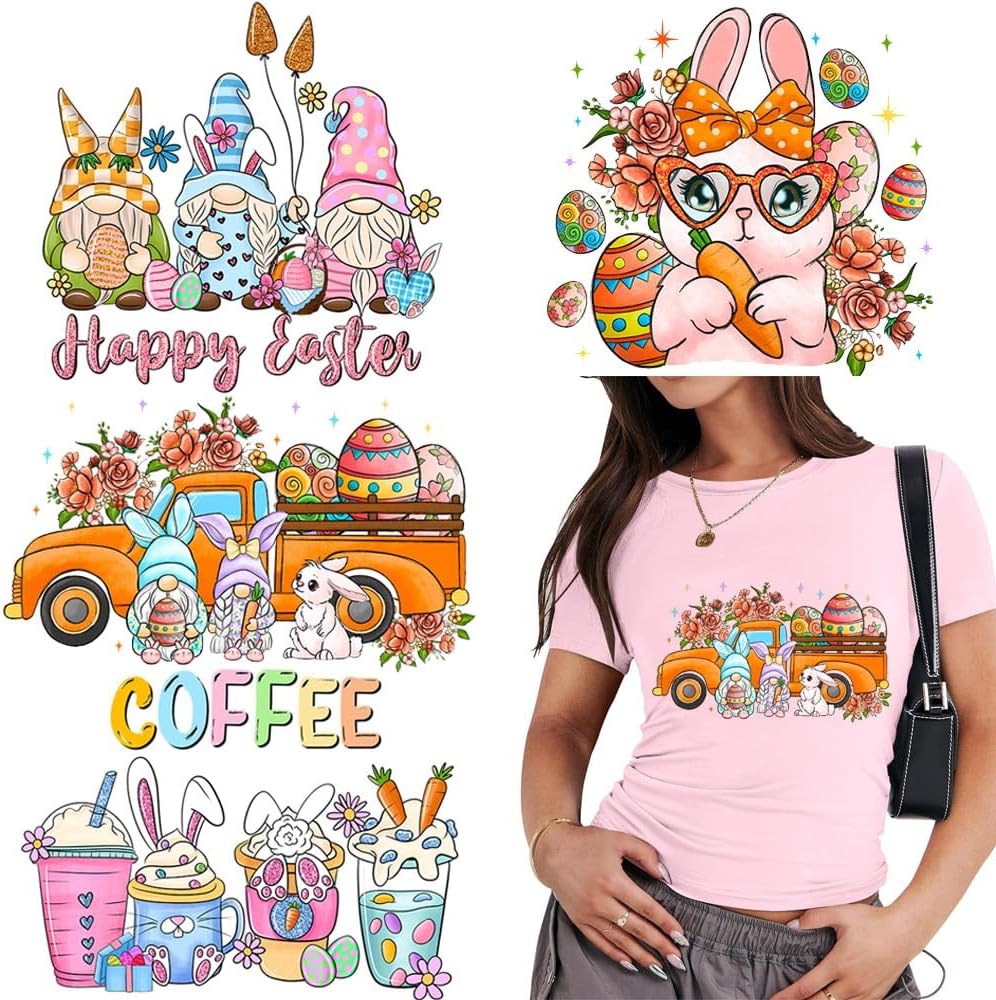 Easter Party Iron-on Patches for Clothing - 4PCS Festive Easter Bunny Iron-on Transfer Sticker Waterproof Colorful Egg Rabbit Flower Design Heat Transfer Vinyl Appliques for T-Shirt Dress DIY Decor