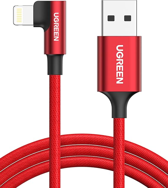 Ugreen Örgülü 90° Lightning iPhone Oyuncu Şarj Kablosu, Kırmızı, 1 Metre