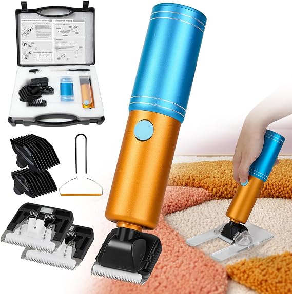 Cordless Carpet Trimmer with Shearing Guide, 400W Tufting Shears with 2 Blades + 2 Limit Combs + Lint Removers, 12V Lightweight Rug Carving Clippers for Tufting Carpet Rug Clean