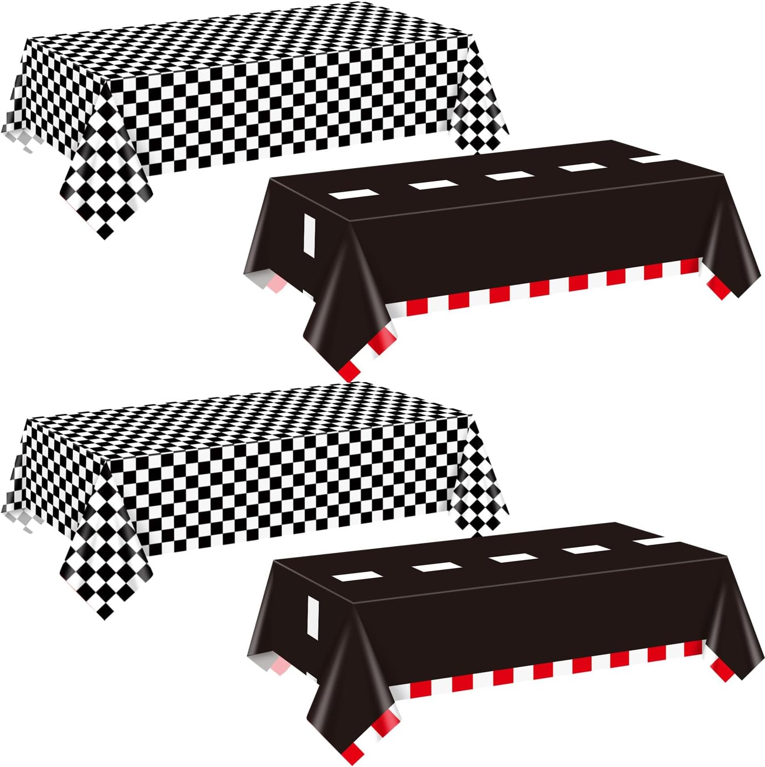 Black and White Checkered Tablecloth, 4 Pack Race Car Table Cloths Racing Road Decorations for Boy's Car Birthday Party Two Fast Birthday Decor, 130 x 220 cm