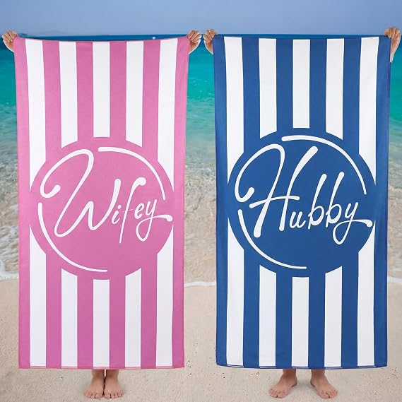 Set of 2 Hubby and Wifey Beach Towels 60 x 30 in, Classic