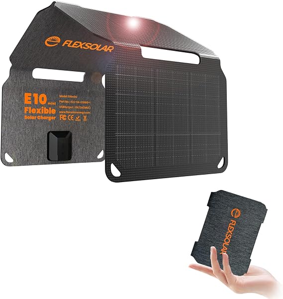 FlexSolar 10W Foldable Solar Charger, 5V USB Portable 4-Fold Solar Panel | Small Power Emergency IP67 Waterproof Camping Hiking Backpacking for Phones Flashlight Power Banks Battery Pack