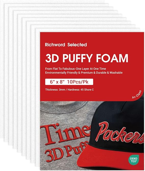 Poolin 3D Puff Embroidery Foam 3mm, 6x8 Inch, 10 Sheets, White