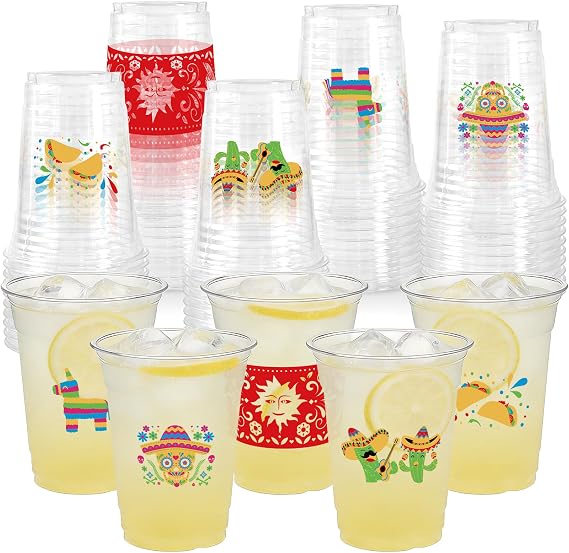 100Pcs Fiesta Cups,12 OZ Plastic Disposable Clear Mexican Cups for Cinco De Mayo Drinkware Party Supplies Fiesta Taco Birthday Party Decorations, 5 Designs