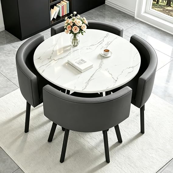 Round Dining Table and 4 Chairs Set - for Kitchen Space Saving