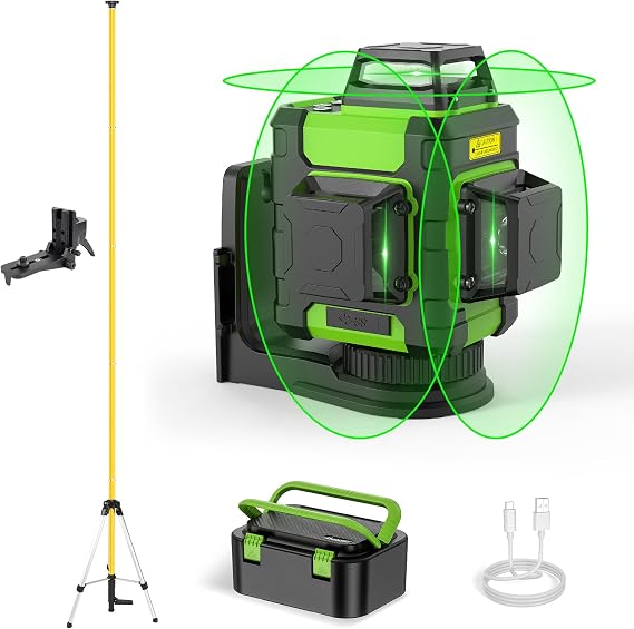 Huepar Laser Level 360, Self Leveling Rechargeable Green Beam 3D Cross Line Laser Level with with 12 Feet Telescoping Pole 3 x 360 Level Laser Tool with Pulse Mode, Magnetic Bracket - HM03CG & LP36