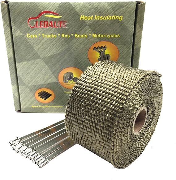 LEDAUT Heat Shield Insulation with Ties for Pipe 16' Roll Titanium Motorcycle Exhaust Tape Thermal Protection