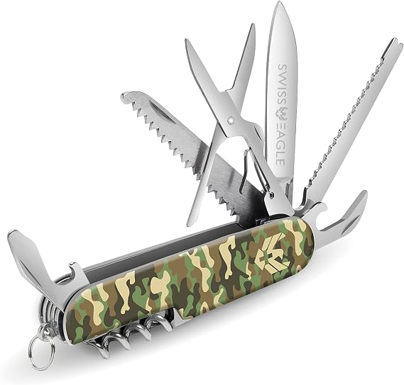 Swiss Eagle Premium Quality 12 in 1 Commando Classic Pocket House Hold & Campaign Tool, Premium M with Blade, Scissor, Screwdriver, Plier, Magnifying Glass, Tweezer Christmas Gifts - Miltary Green