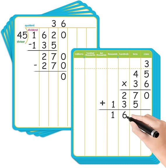 12 Pack Long Division Dry Erase Card Chart,Math Manipulative