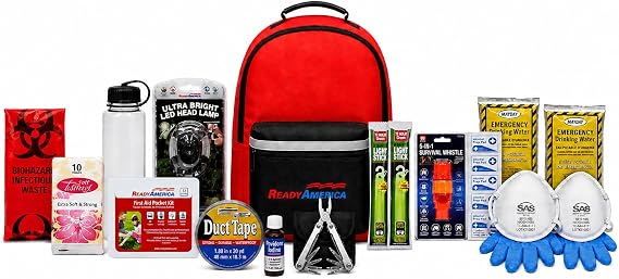 Ready America 70284 Emergency 2-Person 3-Day Backpack Plus | Stay emergency-ready with 5-year shelf-life food bars and water, plus first aid, purification and survival gear.