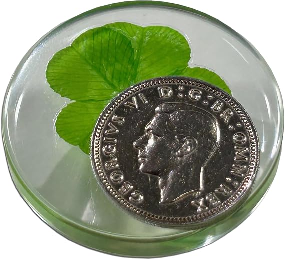 Real Four Leaf Clover Good Luck Pocket Token, Preserved, 1.25, Including Sixpence Coin George VI