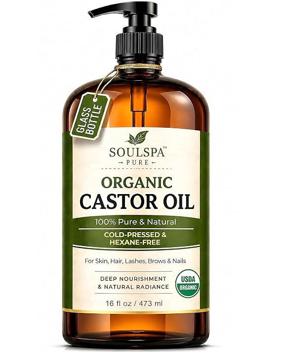 Organic Castor Oil - Cold Pressed & Hexane Free Formula 16 fl oz | USDA Certified Organic Oil for Hair Growth, Skincare, Face & Nails - Amber Glass Bottle with Pump - SoulSpa Pure