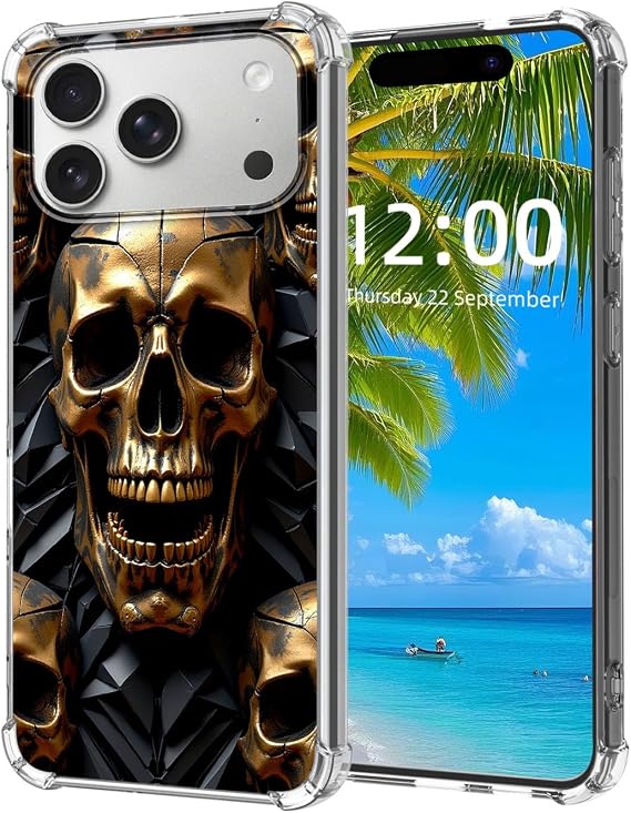 for iPhone 17 Pro Max Case, Golden Skulls on Black Pattern High-Definition Painted Back Cover with Soft Transparent TPU Bumper, Shockproof Protective for iPhone 17 Pro Max Phone Case