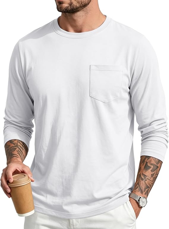 EKLENTSON Cotton Long Sleeve Shirt for Men Pocket Crew Neck Tee Solid Color