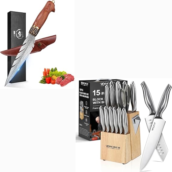 ROCOCO The 15 PCS Kitchen Block Knife Set with Feather Viking Knife for Cutting Ribs Roasts Fruits Veggies Multipurpose Kitchen Knives for BBQ Birthday Thanksgiving Christmas Gift Ideal Men