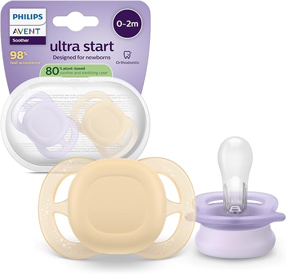 Philips Avent Ultra Start Soother - Orthodontic Design, for Newborns, Soft Silicone Symmetrical Nipple, BPA-Free, with Sterilizing Case, 2 Pack, SCF075/11