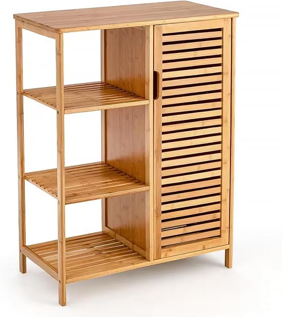 Bamboo Banyo Dolabı, 4 Raflı Çok Amaçlı Organizer, Doğal Ahşap, Kapaklı Depolama Ünitesi, 66x32.2x87.4 cm