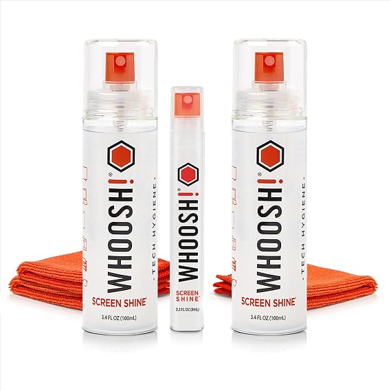 WHOOSH! Screen Cleaner Spray & Microfiber Cloths Bundle | 2X 3.4 & 0.3 fl oz + 3 Microfiber Cloths (6x6)