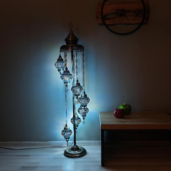 Turkish Floor Lamp, Mosaic Turkish Lamp, 7 GlobeFloor Lighting Standing Decorative Home Modern Designs Offer Handmade Glass 5 inch Globe - Total Dimensions 18 x 18 x 60 inch (Turquoise)