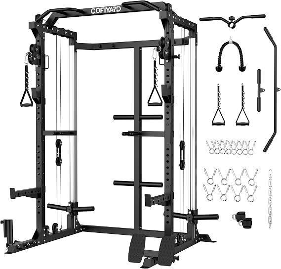 Cofiyard Power Cage, Power Rack with Dual Pulley System, Multi-Function Squat Rack with Cable Crossover, Free Weight Home Gym Workout Machine(Black)
