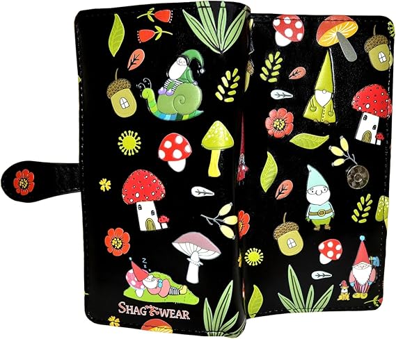 Shag Wear Gnome Forest Large Wallet for Women and Teen Girls Multiple Gnomes Mushrooms Plants Vegan Faux Leather Black 7"