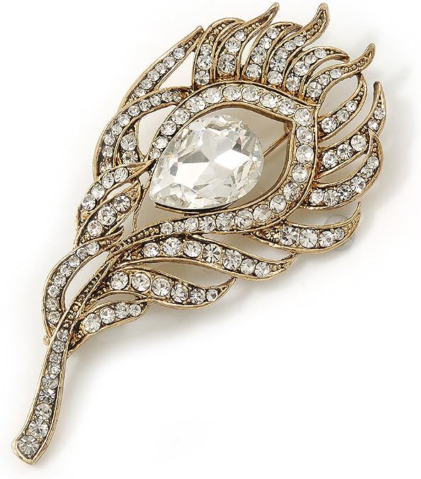 Vintage Diamante 'Peacock Feather' Brooch In Burn Gold - 8cm Length