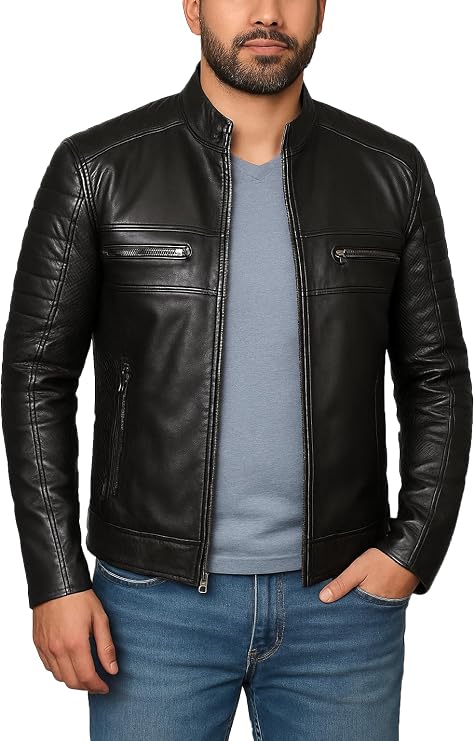 Men's Biker Genuine Leather Jacket - Vintage Motorcycle Real Leather Jacket in Black and Brown