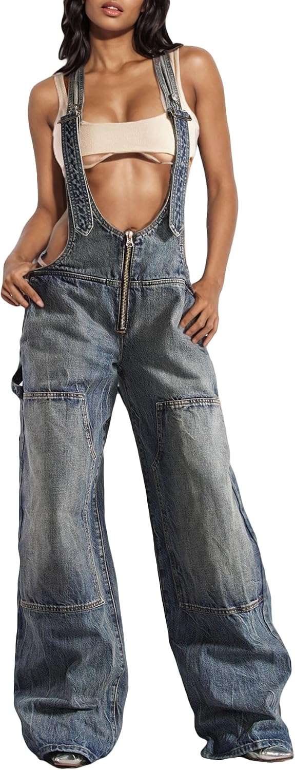 LETSVDO Womens Denim Jumpsuit Cargo Sleeveless Wide Leg Adjustable Strap Loose Jean Overalls Rompers
