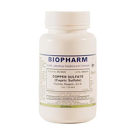 Biopharm Copper Sulfate (Cupric Sulfate) Pentahydrate Crystals, ACS, 100 g | ACS Reagent Grade, 100 grams. Bright Blue Small Crystals.