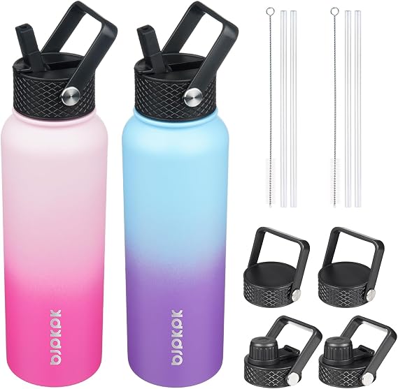 BJPKPK 2 Pack 40oz Insulated Water Bottles with Straw Lids, Stainless Steel